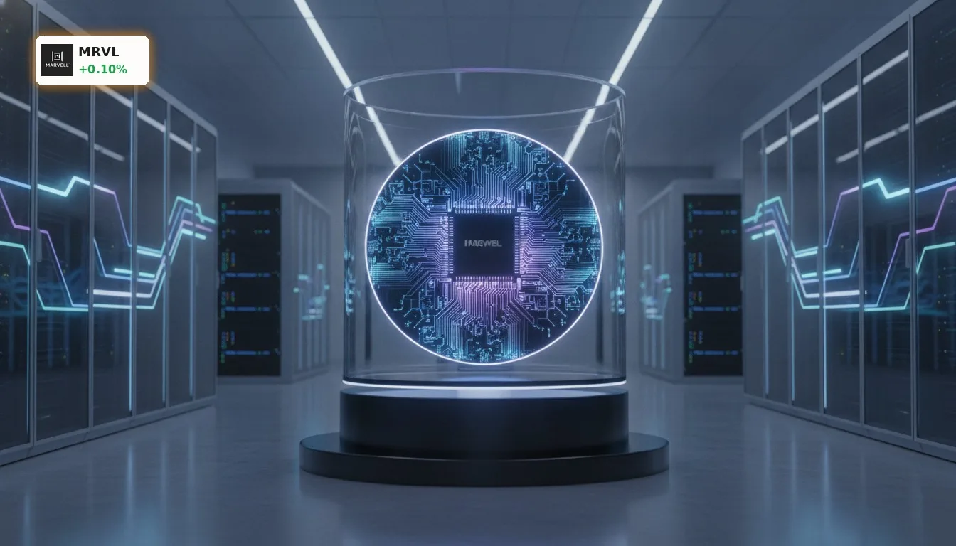 Nahaufnahme eines leuchtenden Marvell Technology KI-Chips in einem futuristischen Rechenzentrum, symbolisiert Marvell Technology Quartal.
