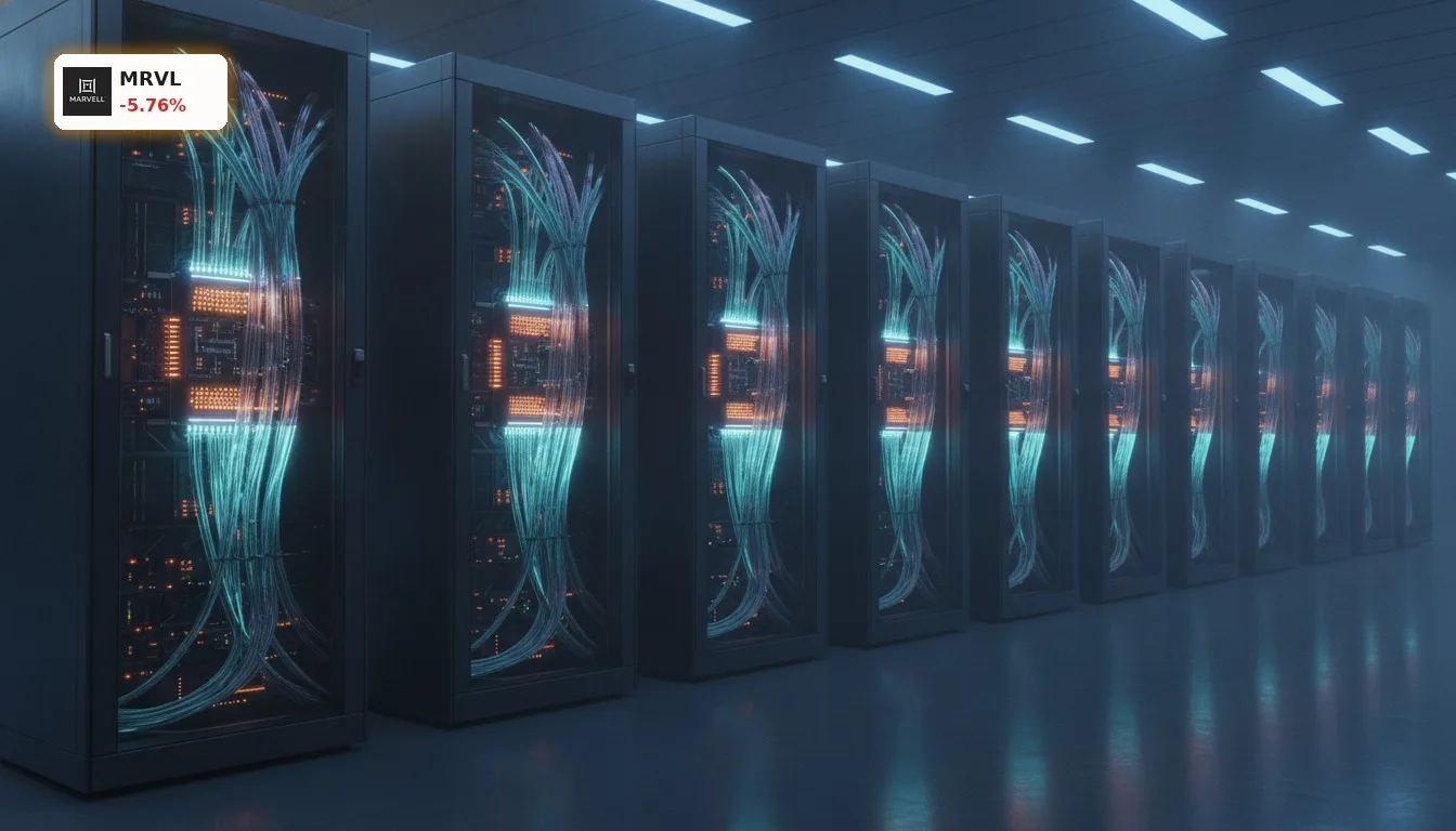 Marvell Technology Kurs: -5,8% Einbruch trotz starker KI-Partnerschaften 6 Ein Rechenzentrum mit leuchtenden Servern und Kabeln, symbolisiert den Marvell Technology Kurs und die KI-Infrastruktur.