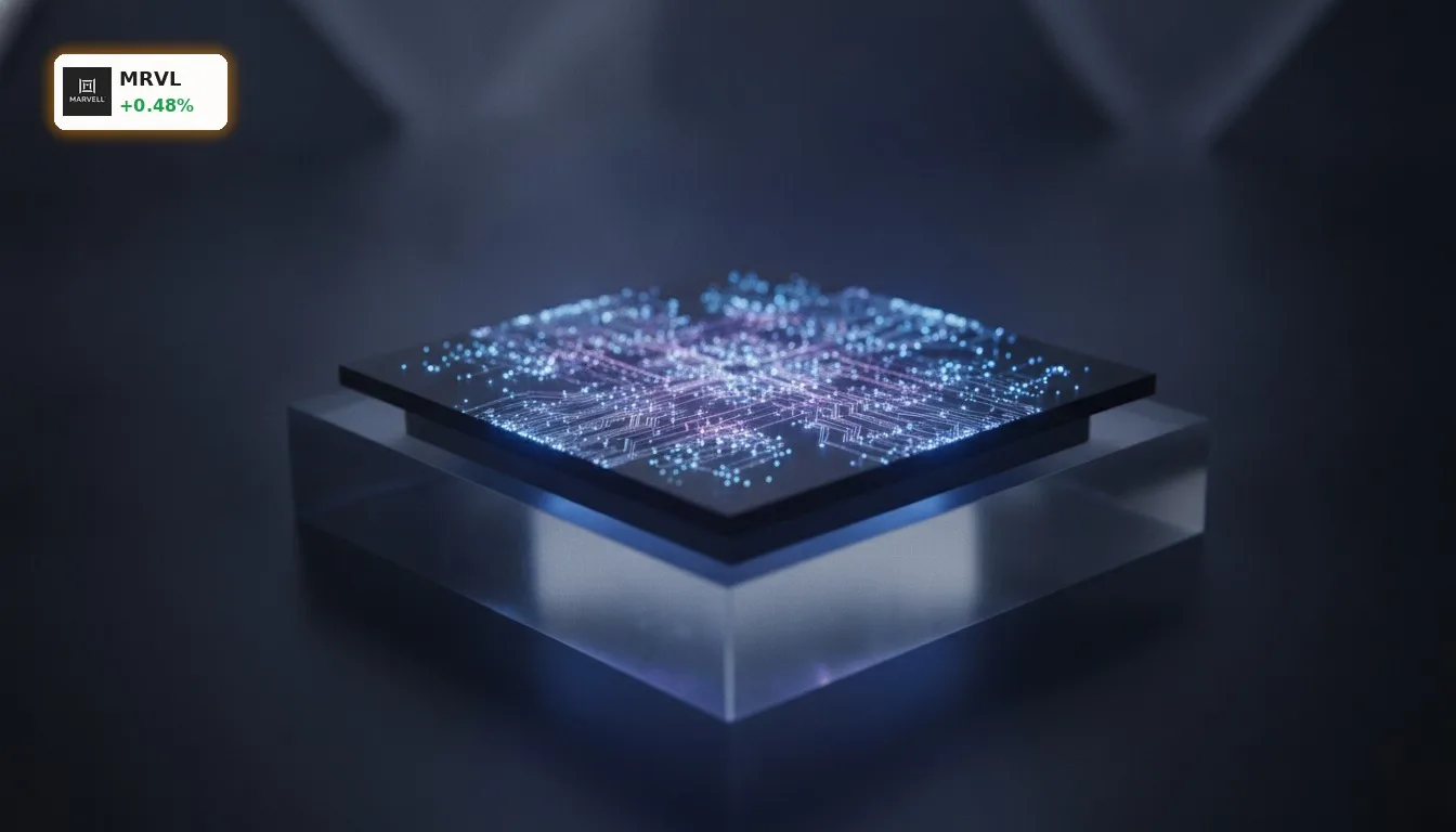 Nahaufnahme eines fortschrittlichen Marvell Technology KI-Siliziumchips mit optischen Interconnects, wichtig für die Marvell Technology Analyse.