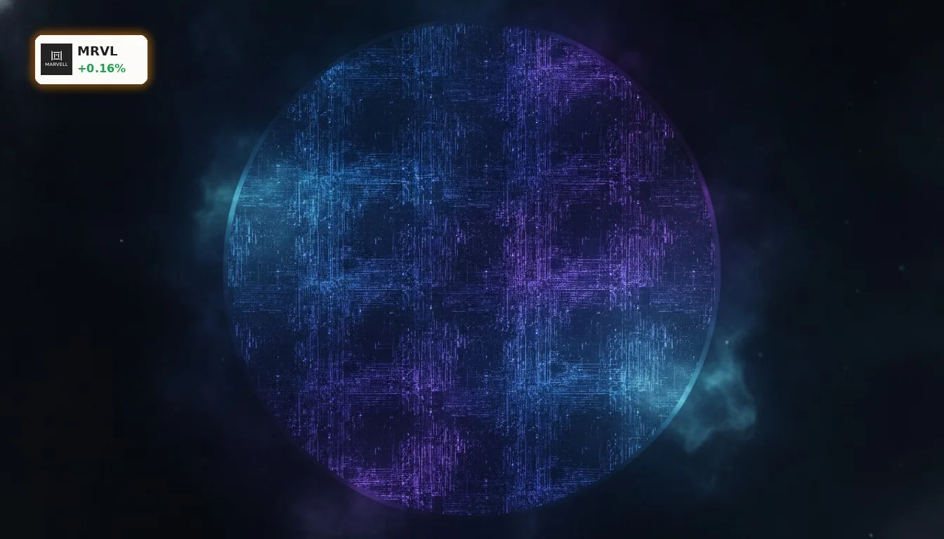 Nahaufnahme eines futuristischen Silizium-Wafers mit komplexen, leuchtenden Schaltkreisen, der das Potenzial für den Marvell Technology Kurs symbolisiert.