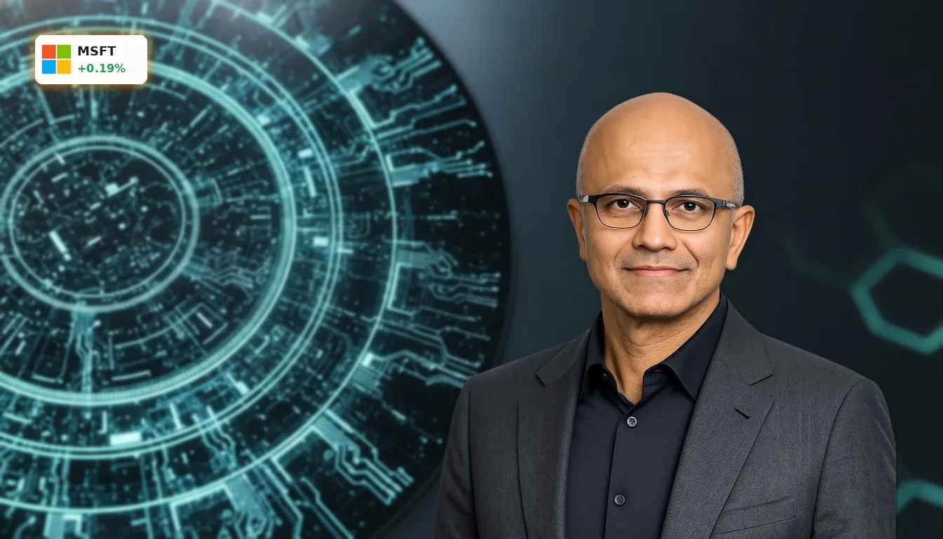 Nahaufnahme eines leuchtenden, komplexen Mikrochips oder Siliziumwafers, der Microsoft KI Infrastruktur darstellt.