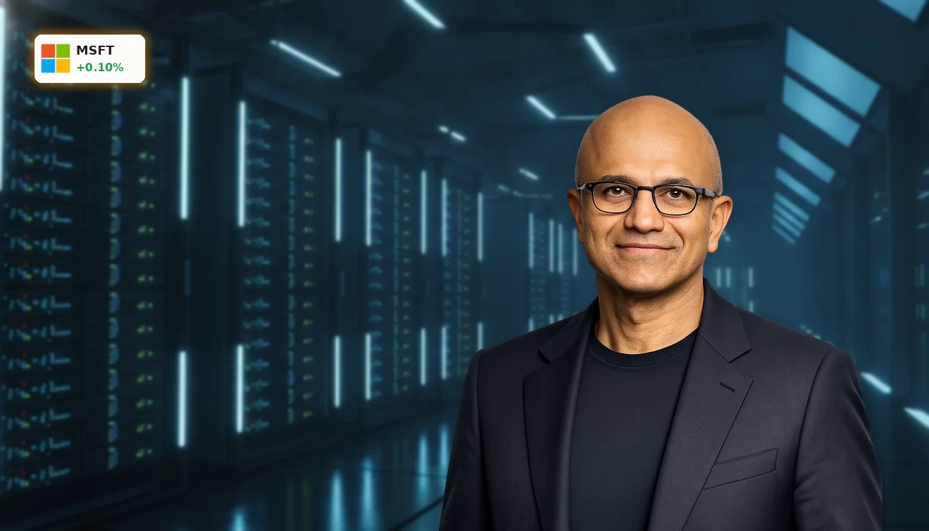 Futuristisches Rechenzentrum mit leuchtenden Server-Racks, symbolisiert die Investitionen, die die Microsoft Dividende stützen.