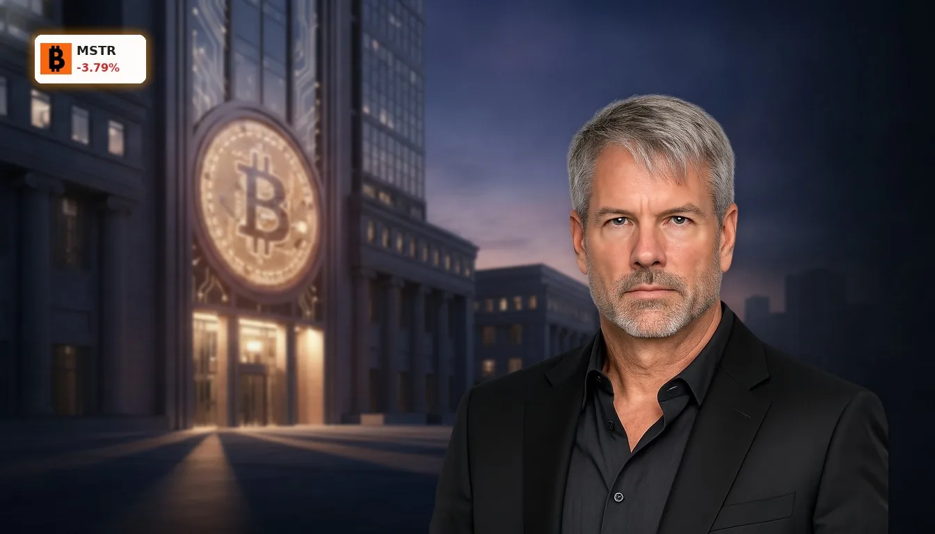 Modernes Finanzgebäude mit leuchtendem Bitcoin-Symbol, das die Investmentstrategie Inc Bitcoin symbolisiert.
