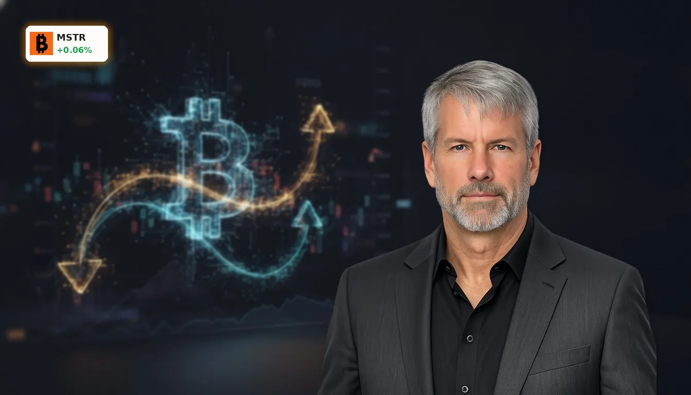 Abstrakte Darstellung der Strategy Inc Bitcoin Zwei-Wege-Strategie mit Kauf- und Verkaufsflüssen.