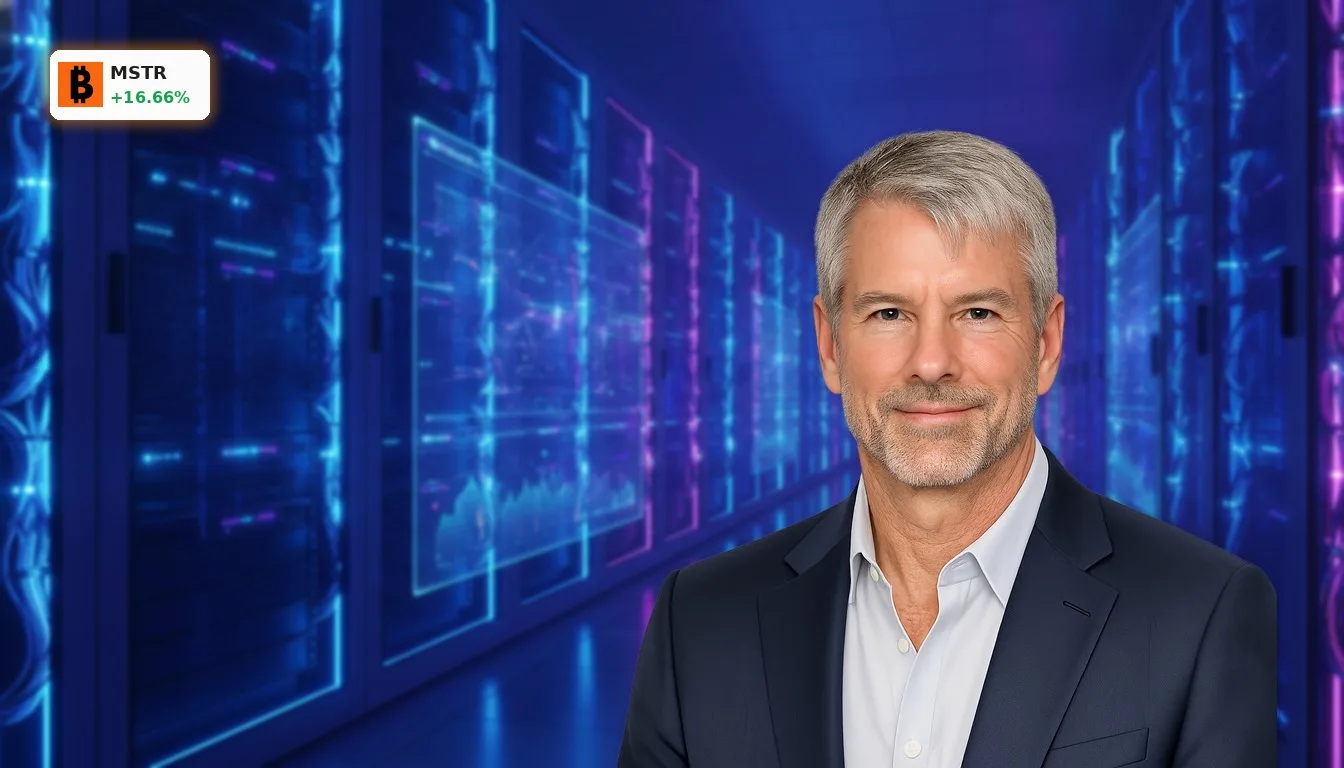 Modernes Rechenzentrum mit leuchtenden Server-Racks, die die fortschrittliche Technologie des MicroStrategy AI Forum symbolisieren.