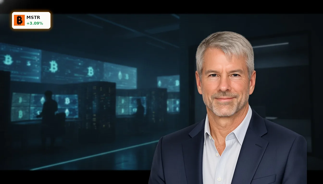 Strategy Inc Kurs steigt um 3.1%: Krypto-Rally beflügelt MSTR 5 Modernes Rechenzentrum mit leuchtenden digitalen Symbolen, die den Strategy Inc Kurs und Kryptowährungen darstellen.