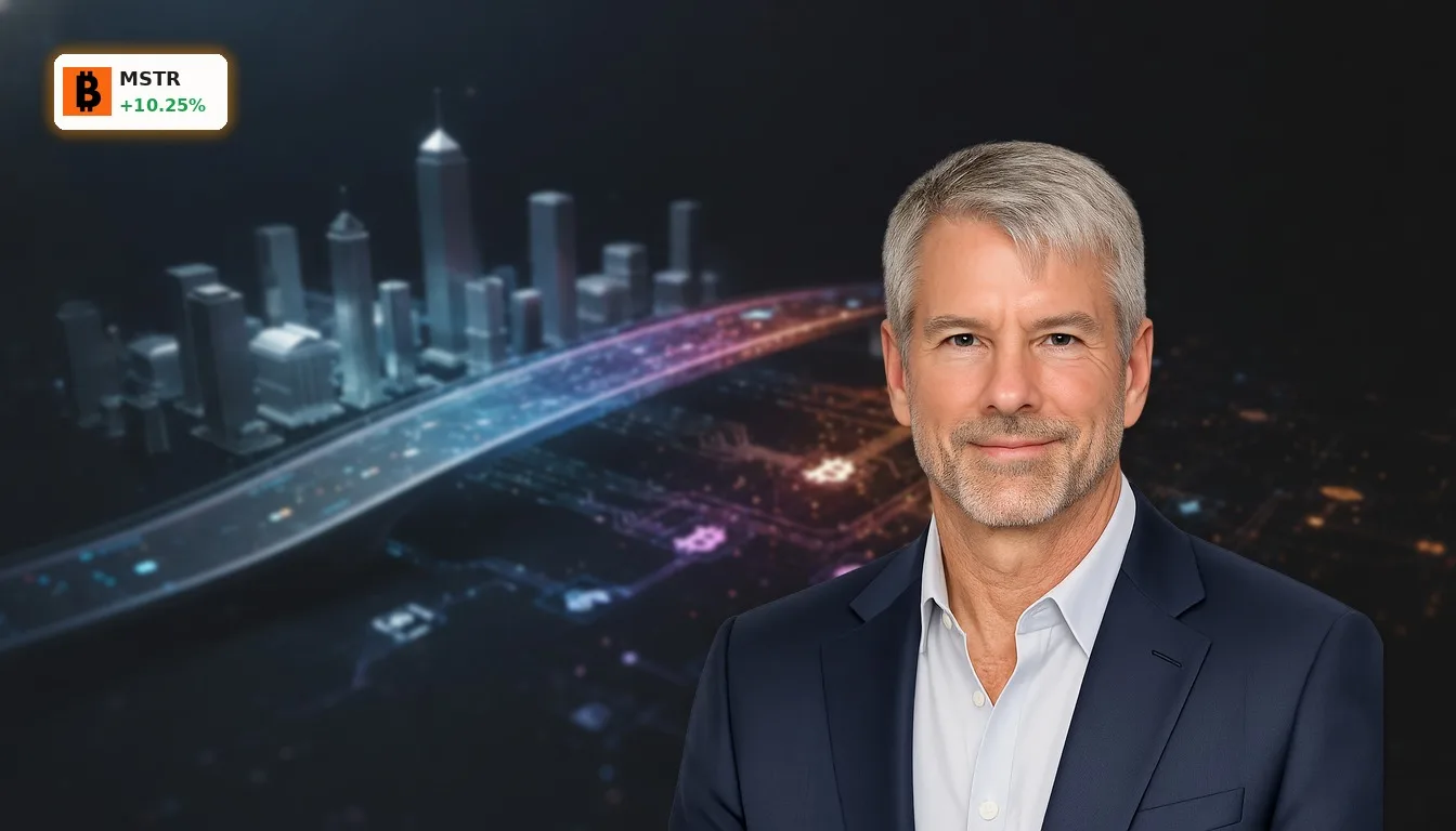 Abstrakte Darstellung einer Brücke, die traditionelle Finanzgebäude mit einer leuchtenden Kryptowelt verbindet, symbolisiert den MicroStrategy Kurs.
