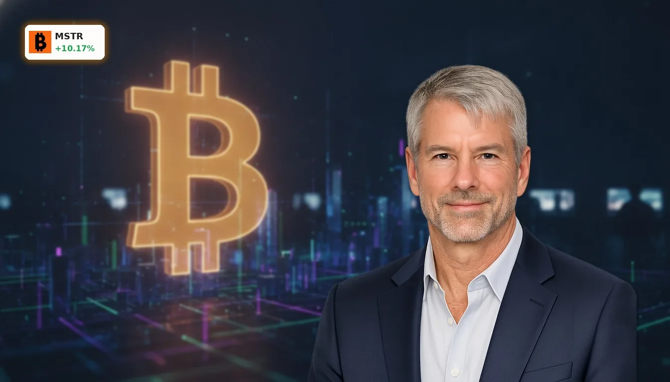 Digitales Bitcoin-Symbol, das aus einem stilisierten Finanzchart aufsteigt, symbolisiert MicroStrategy Bitcoin-Strategie.