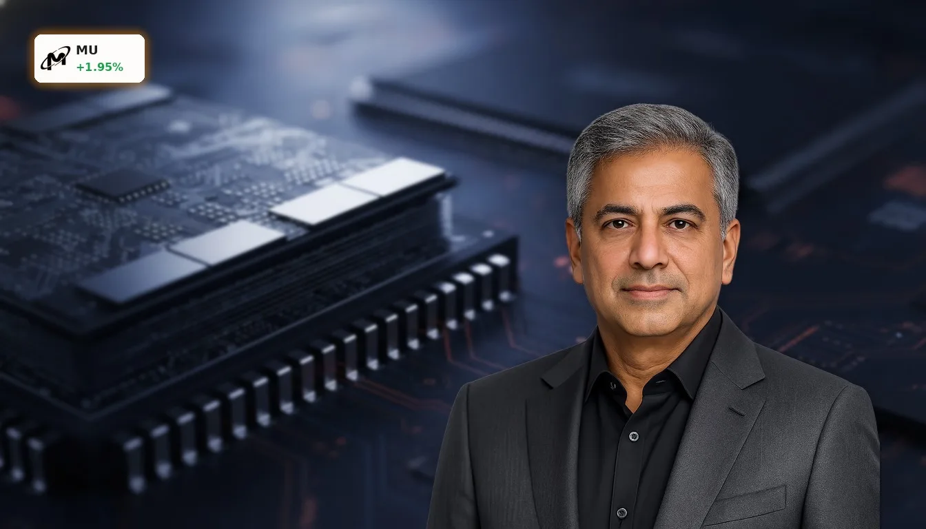Nahaufnahme eines hochmodernen Micron Speicherchips (HBM4) mit komplexen Schaltkreisen für KI-Anwendungen.