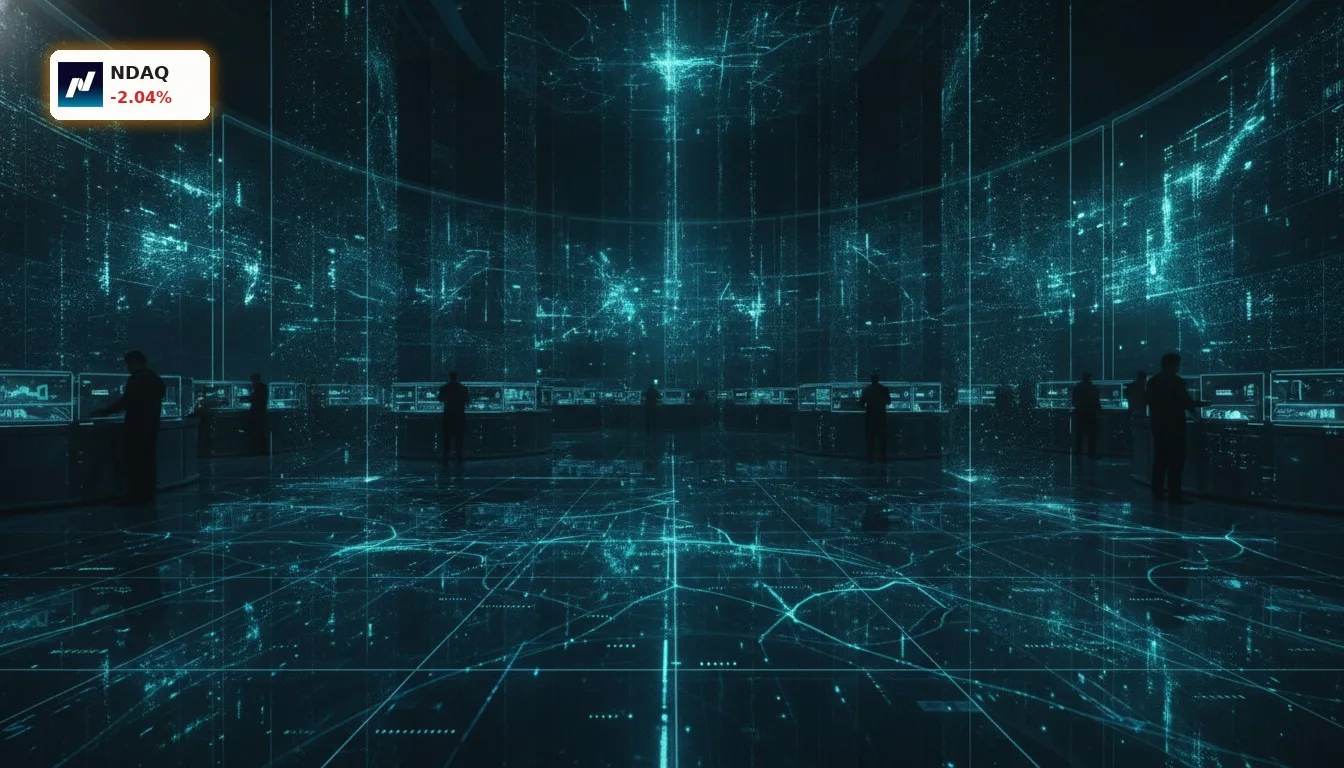 Futuristischer Finanzhandelssaal bei Nacht mit holographischen Anzeigen für Nasdaq Tokenisierung und globalen 24/7-Handel.
