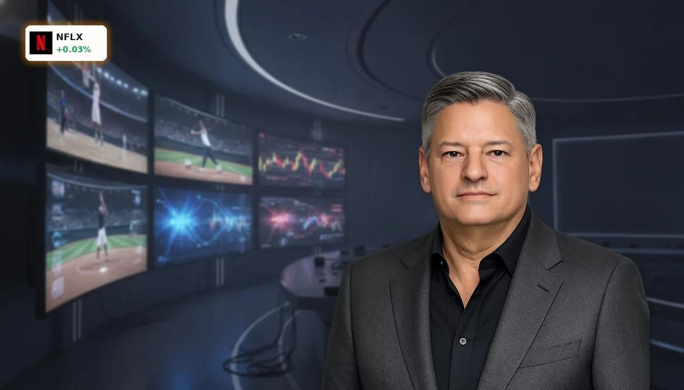 Netflix Analysten: Kurszielerhöhung und Sportrechte-Allianz beflügeln 4 High-tech Medienkontrollraum mit Bildschirmen, die Live-Sport und Datenanalysen zeigen, symbolisiert Netflix Analysten Wachstum.