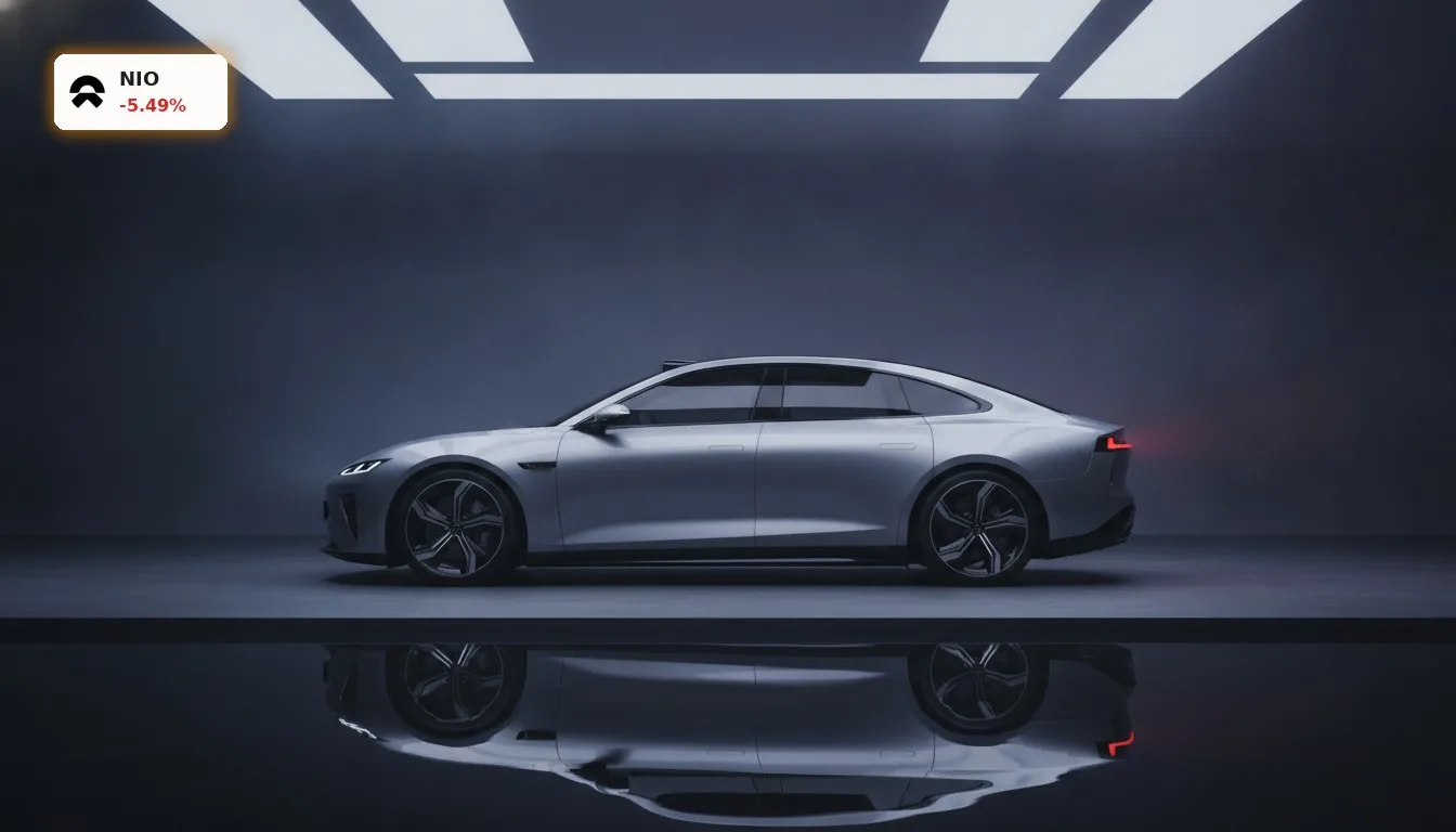 Ein futuristisches NIO Elektrofahrzeug in einem Studio, das die NIO Quartalszahlen und Technologie repräsentiert.