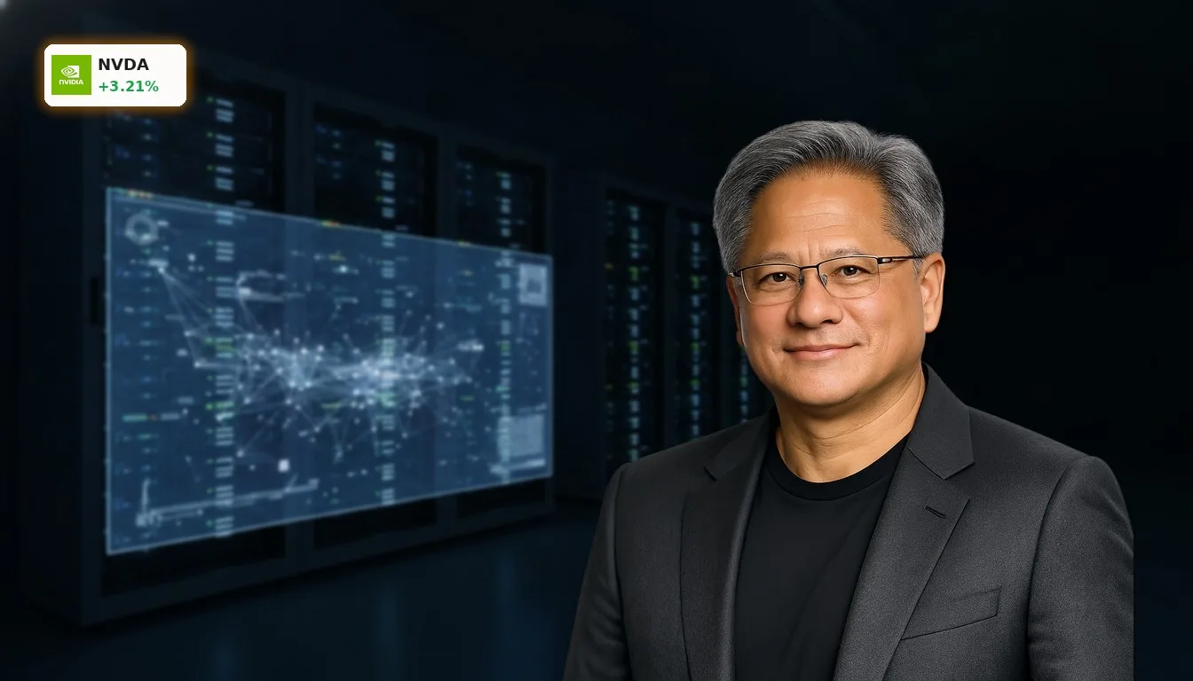 Futuristisches Rechenzentrum mit holografischer Anzeige von KI-Modellen, symbolisiert NVIDIA Hugging Face Übernahme.