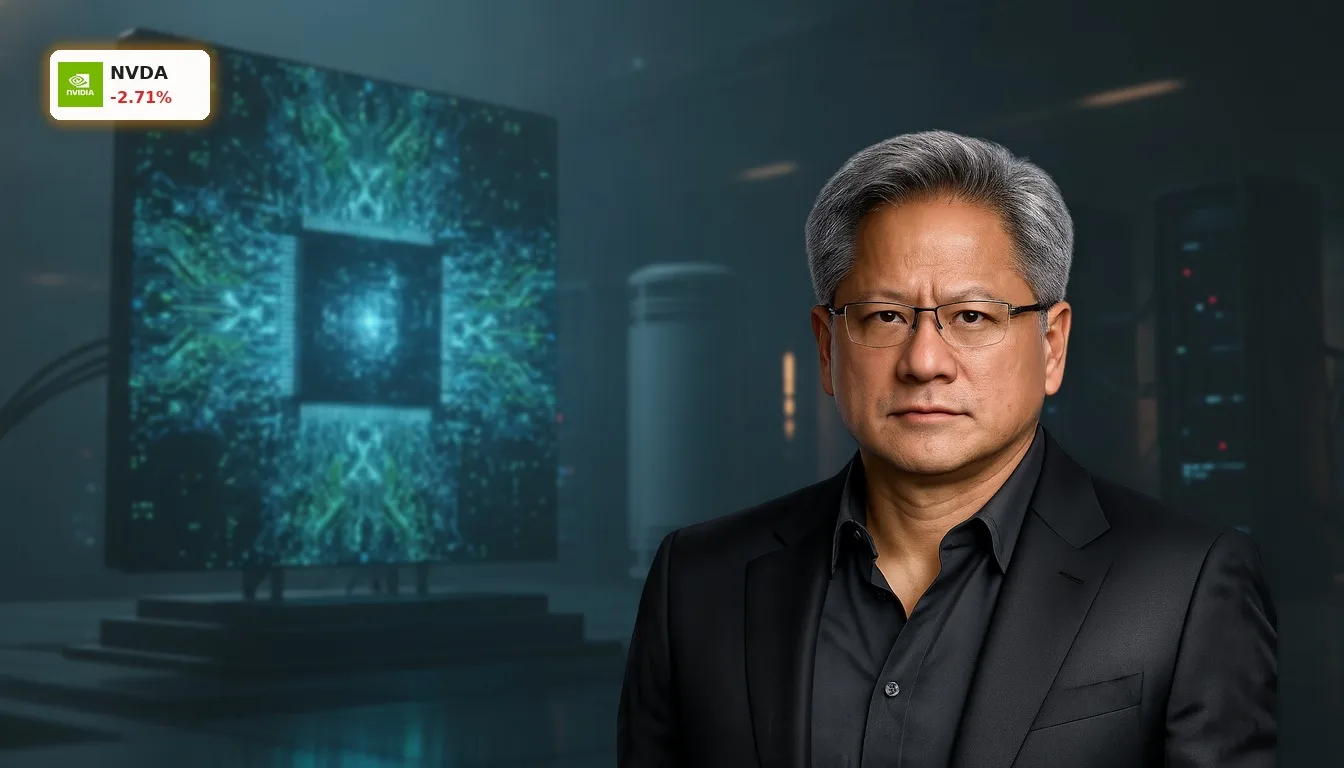 Detailaufnahme eines futuristischen NVIDIA KI-Chips mit leuchtenden Schaltkreisen in einem dunklen Rechenzentrum, im Kontext der NVIDIA KI Debatte.