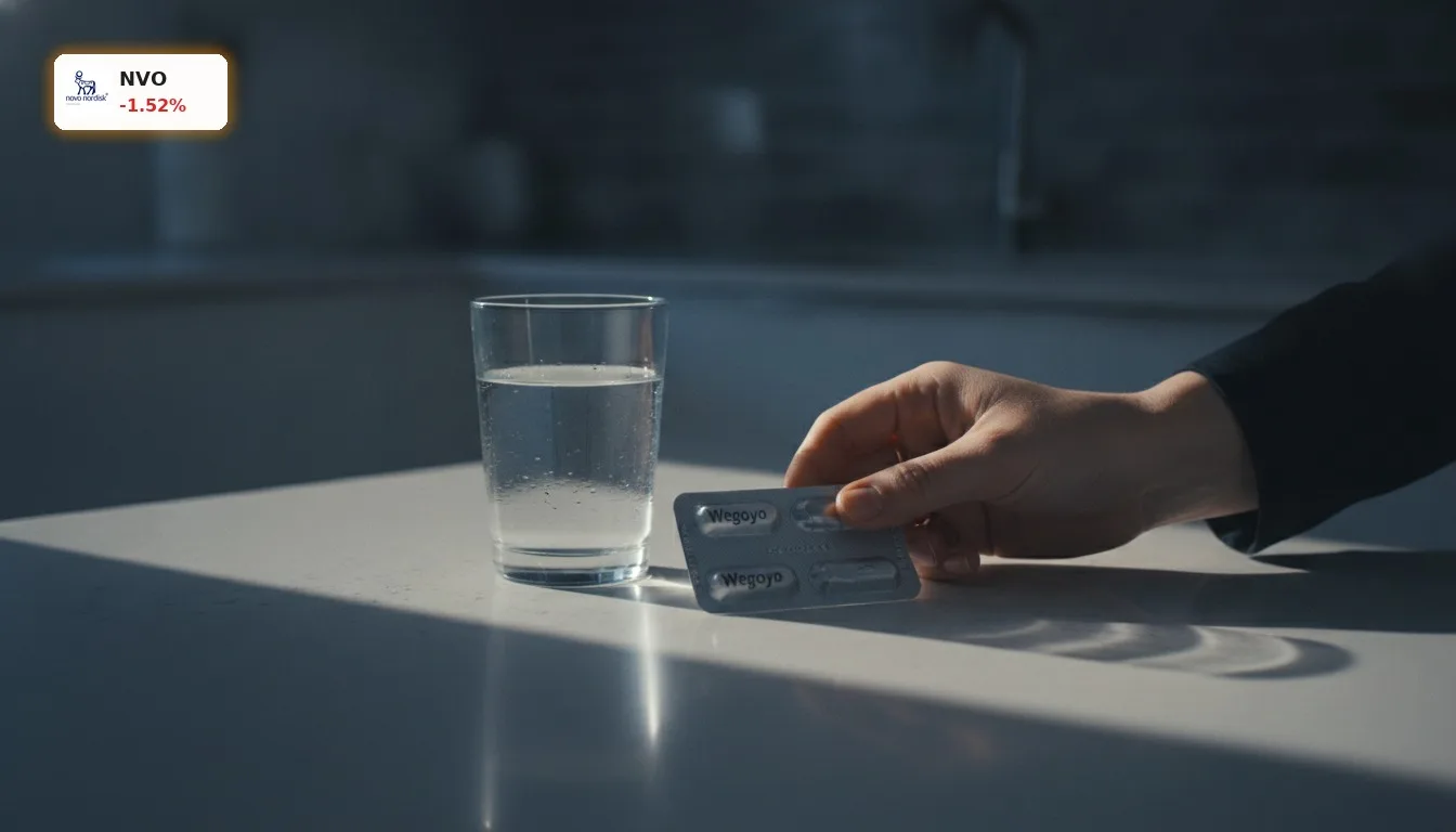 Anonyme Hand hält eine Packung Novo Nordisk Wegovy Pillen in einer häuslichen Umgebung.