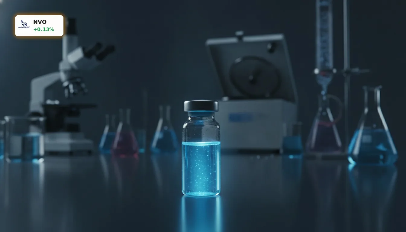 Nahaufnahme eines leuchtenden Medikamentenwirkstoffs in einem Labor, symbolisiert die Novo Nordisk Zulassung eines neuen Präparats.