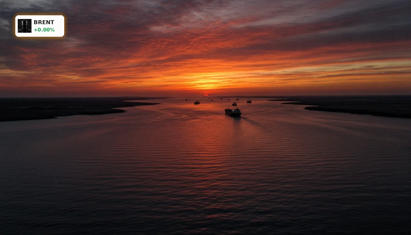 Öltanker passieren die Straße von Hormuz bei Sonnenuntergang, symbolisch für Brent Rohöl Nahost Spannungen.