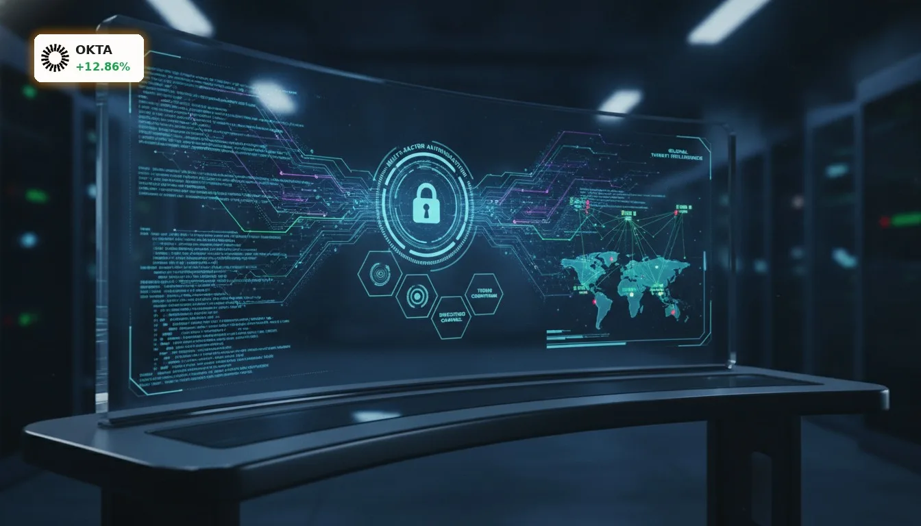 Okta Kursziel: +12.9% Rallye durch KI-Sicherheitsbedenken beflügelt 5 Futuristisches digitales Interface mit Cybersicherheitsprotokollen und Identitätsprüfung, unterstützt das Okta Kursziel.