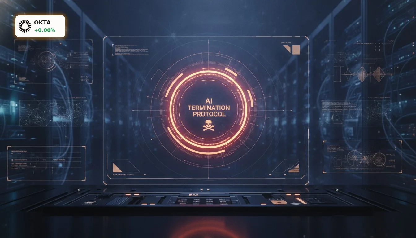 Okta KI Sicherheit: Neue Allianz gegen Rogue-AI und Branchenschock 13 Digitales Notfall-Interface mit leuchtendem Kill-Switch-Button für Okta KI Sicherheit, um autonome Agenten zu steuern.