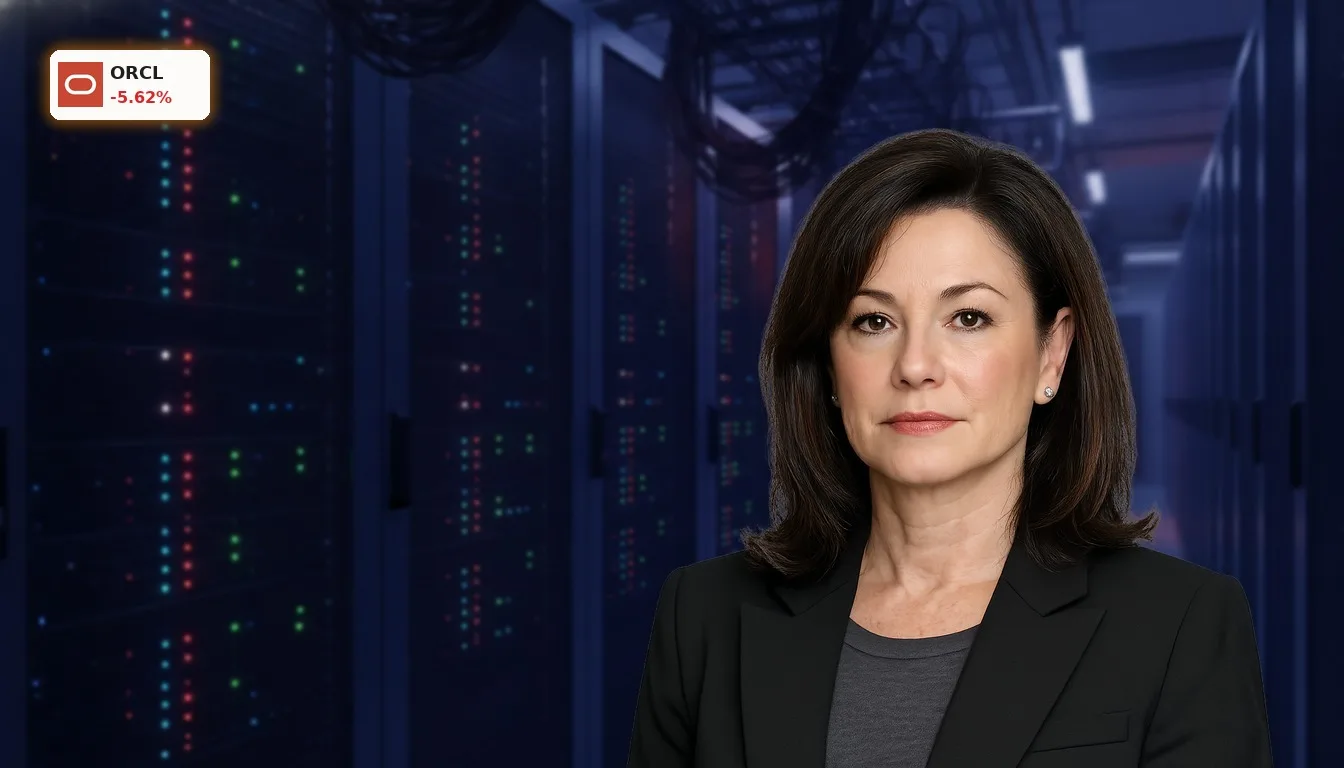 Server-Racks in einem hypermodernen Rechenzentrum, symbolisierend die Oracle Finanzierung für KI-Infrastruktur.