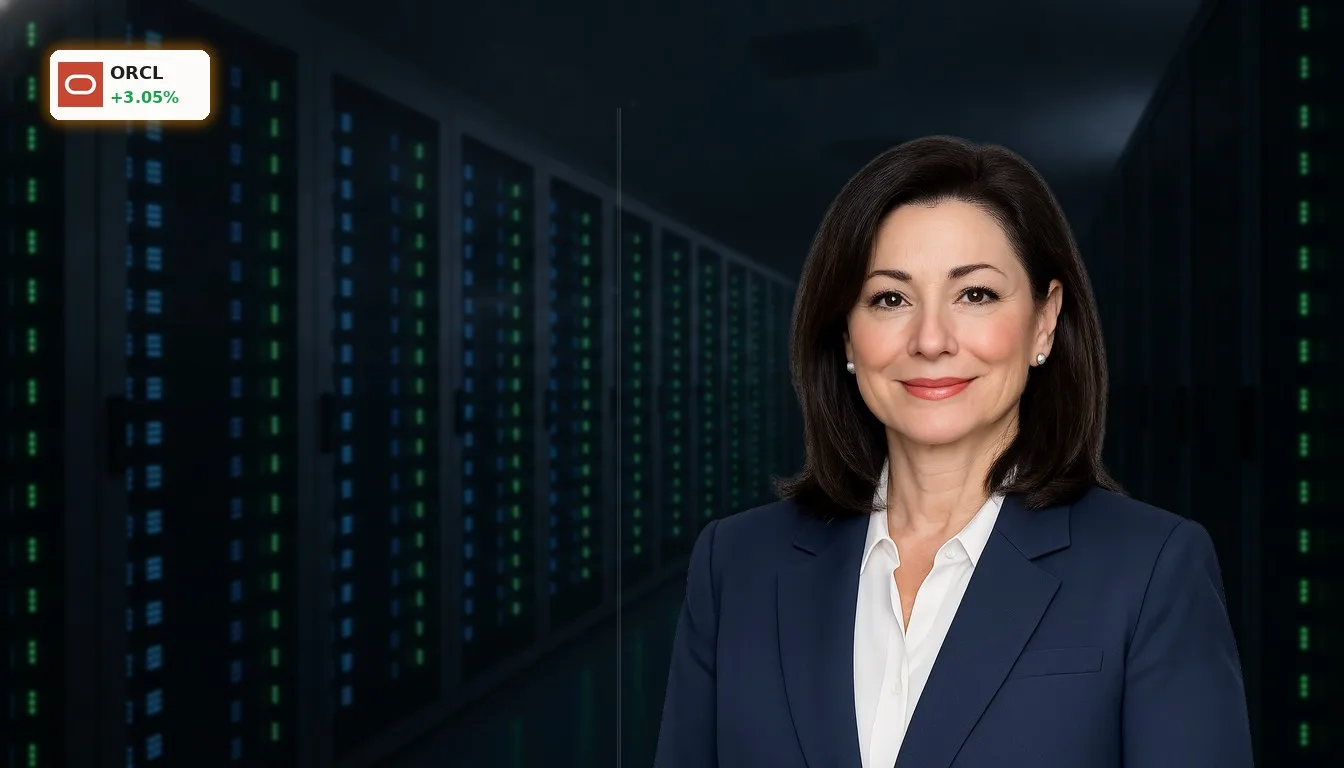 Modernes Rechenzentrum mit leuchtenden Server-Racks, symbolisch für Oracle Quartalszahlen und KI-Investitionen.