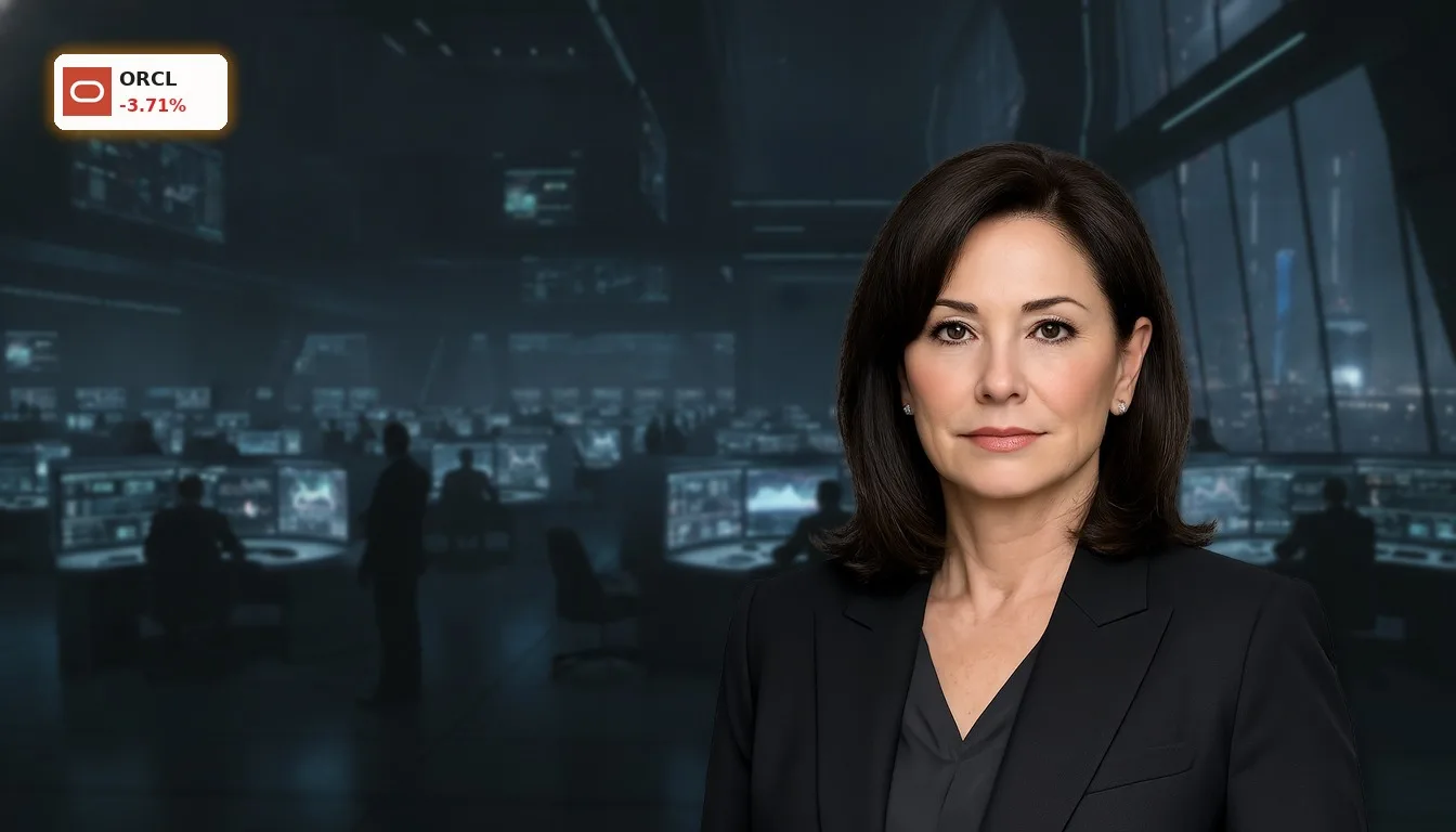 Oracle Ellison Verkauf: -3,7% Schock nach Stornierung des Aktienverkaufs 4 Moderner Handelssaal bei Nacht mit Bildschirmen, die Finanzdaten zeigen, als Hintergrund für Oracle Ellison Verkauf
