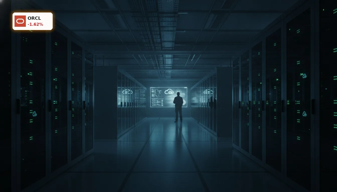 Oracle Datencenter: Force-Majeure-Meldung bremst Aktie um 7,9 Prozent 4 Innenansicht eines riesigen, modernen Oracle Datencenter mit leuchtenden Server-Racks in der Dunkelheit.
