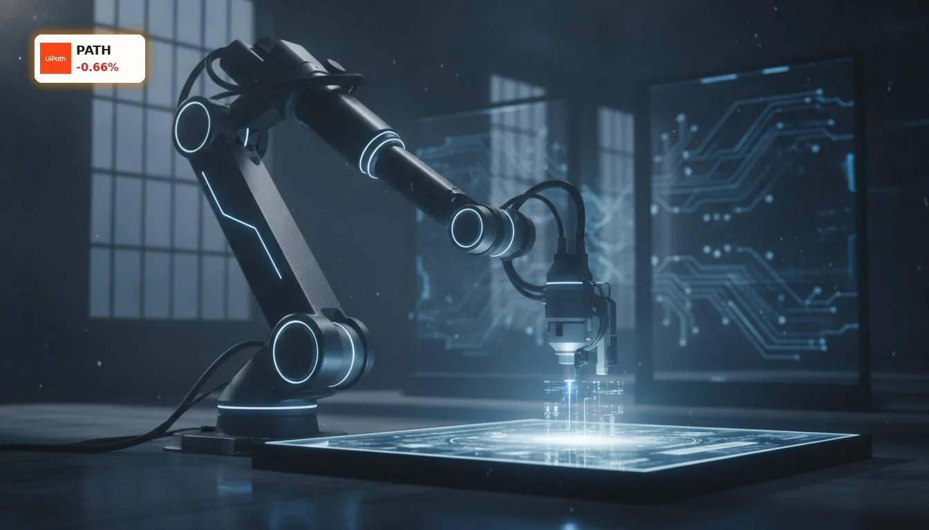 Roboterarm symbolisiert UiPath Quartal und KI-gesteuerte Prozessautomatisierung in dunklem, technischem Umfeld.