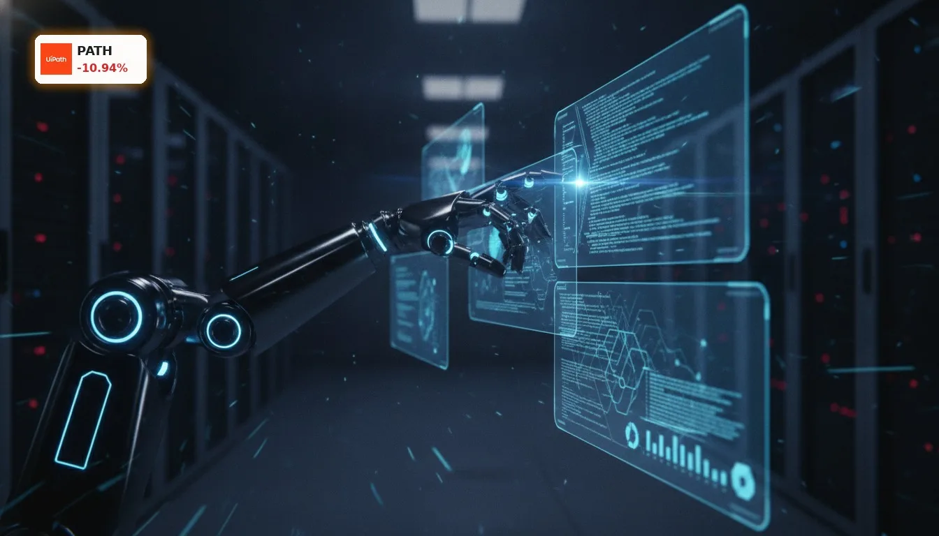 UiPath Quartalszahlen: -10.9% Kursrutsch nach schwacher Prognose 4 Futuristischer Roboterarm, der in einem dunklen Serverraum digitale Datenströme manipuliert, symbolisiert UiPath Quartalszahlen.