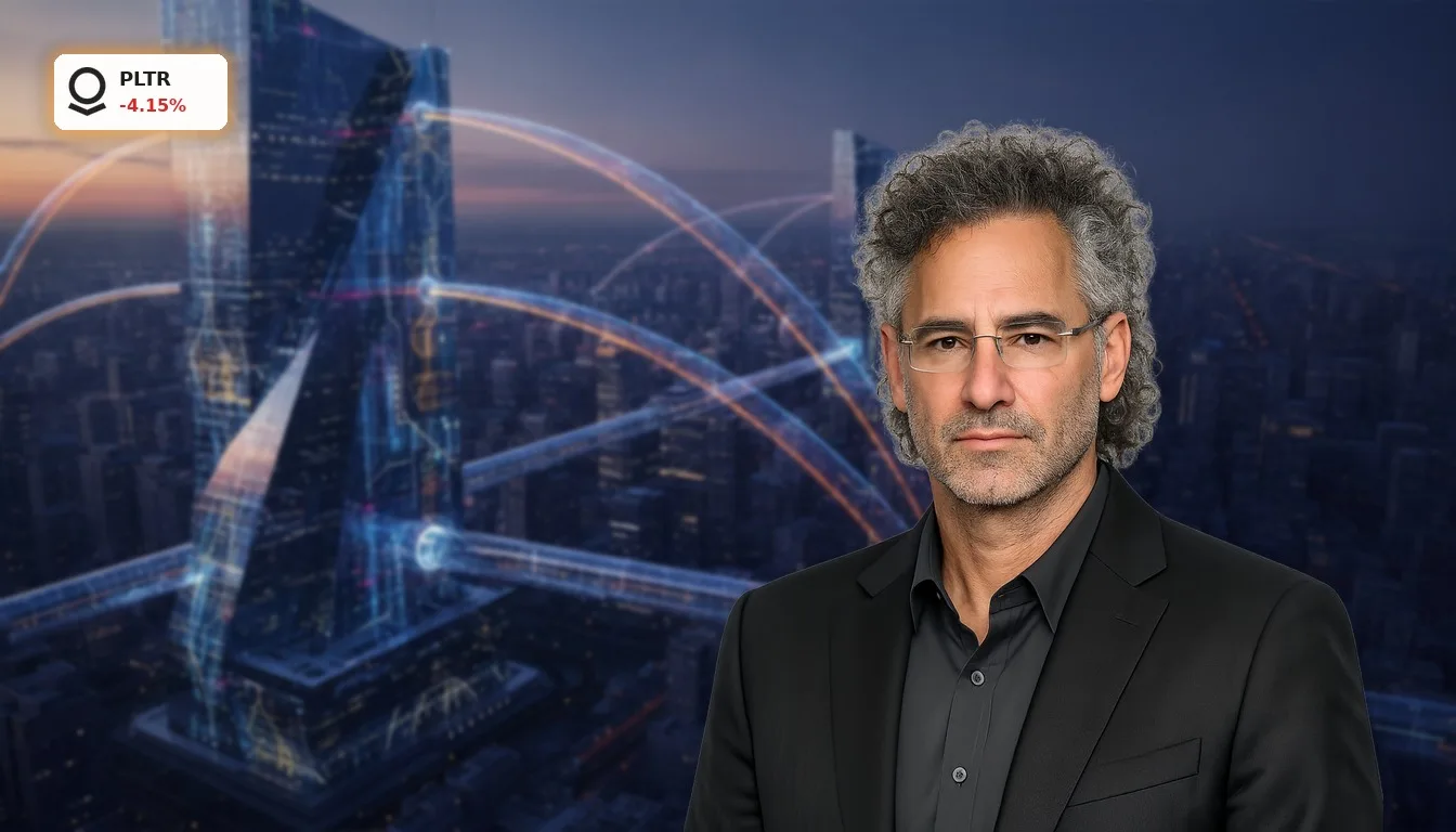 Palantir Kursanalyse: -4,1% trotz KI-Boom – Was steckt dahinter? 4 Futuristischer Finanzdistrikt bei Dämmerung mit leuchtenden Datenströmen, die Palantir Kursanalyse visualisieren.
