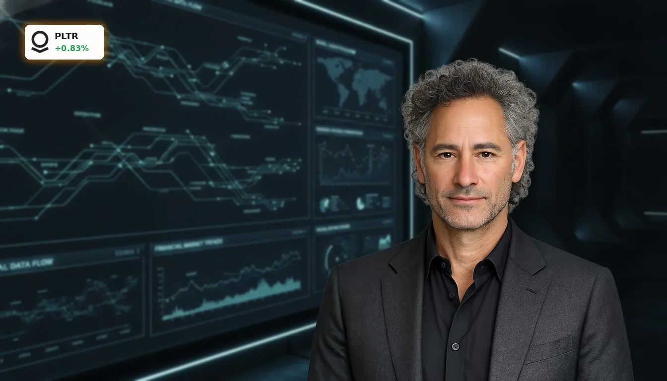 Futuristisches Datenanalyse-Interface von Palantir, das komplexes Datenwachstum visualisiert, symbolisiert starkes Palantir Quartal.