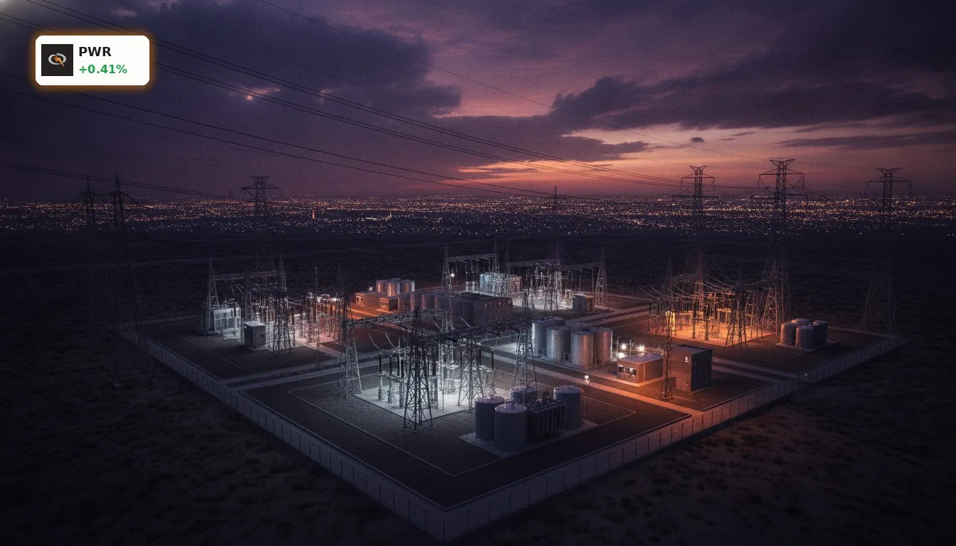 Quanta Services Sektor unter Druck: Nach Sell-Rating – Chance oder Crash? 4 Moderne Energieinfrastruktur mit Hochspannungsleitungen und Umspannwerken bei Dämmerung, die den Quanta Services Sektor symbolisiert.