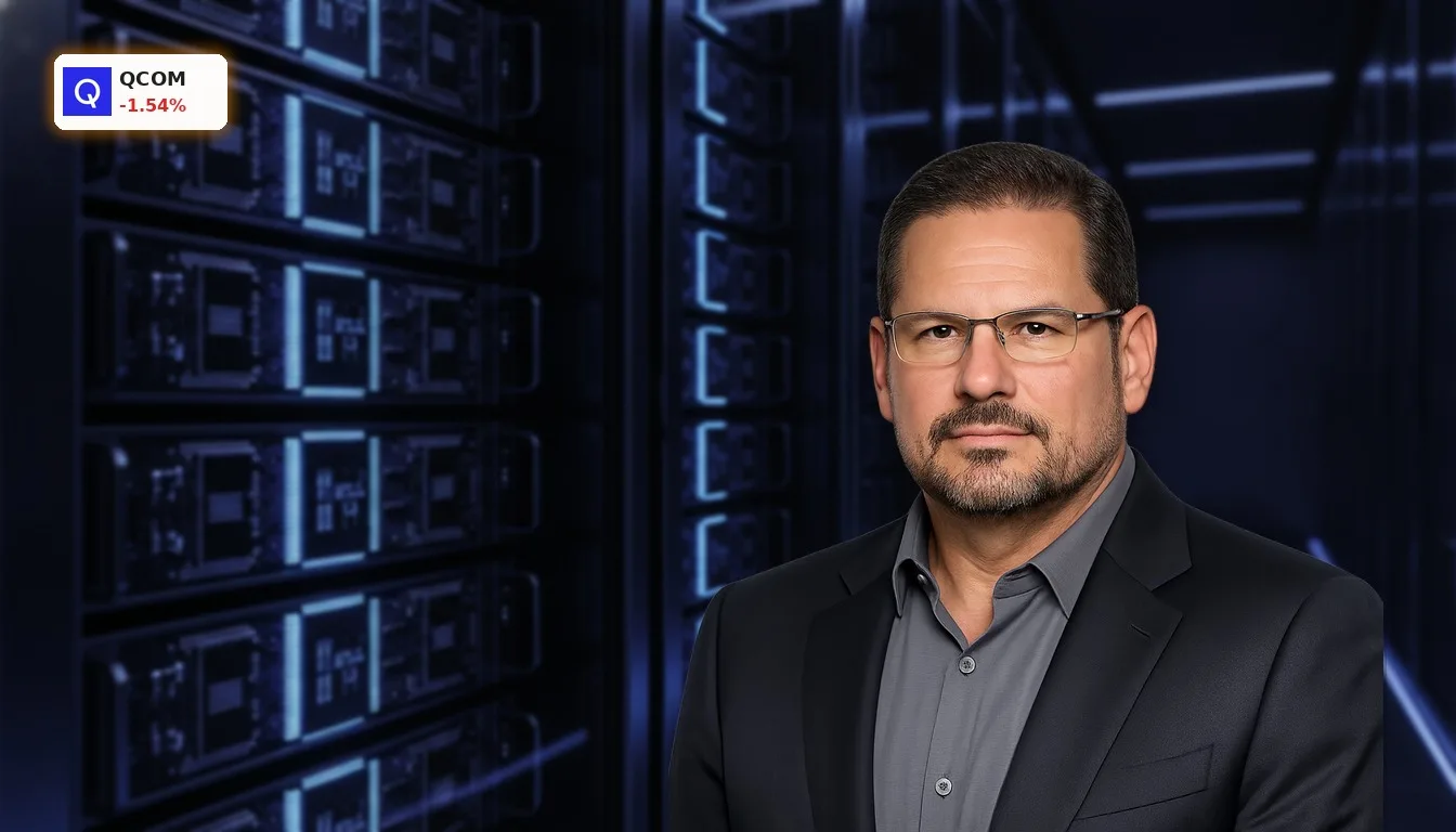 Nahaufnahme von futuristischen KI-Chips in einem Server-Rack, symbolisierend den Qualcomm Amazon Deal für fortschrittliche Technologie.