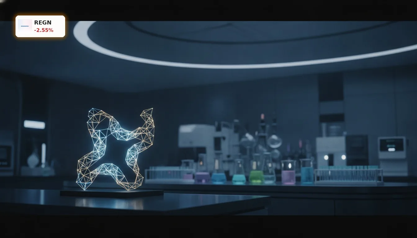Futuristisches pharmazeutisches Labor mit leuchtendem Molekülmodell, das den Erfolg von Regeneron Quartal symbolisiert.