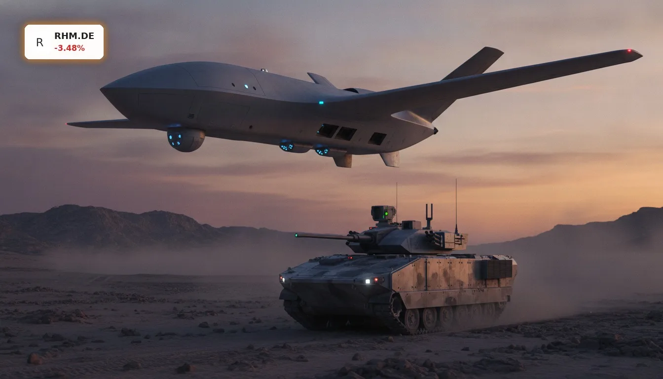 Futuristische LUNA NG Drohne und Lynx XM30 Panzerfahrzeug im Einsatz, symbolisiert Rheinmetall Projekte.