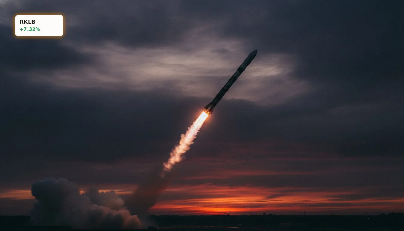 Rocket Lab Electron Rakete startet bei Dämmerung, symbolisiert Rocket Lab Übernahme Potenzial.