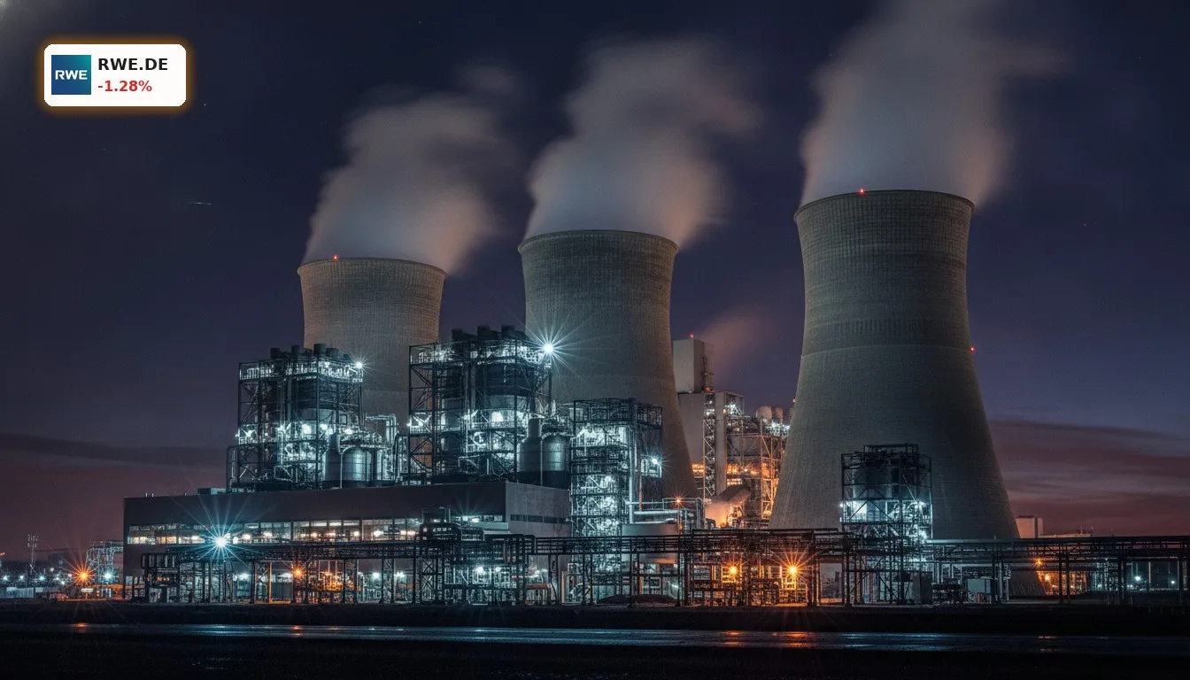 RWE Kraftwerk: Störung im Rheinischen Revier, Analysten sehen 28% Potenzial 5 Industrielle Szene eines großen RWE Kraftwerks bei Nacht mit beleuchteten Kühltürmen und komplexen Anlagen