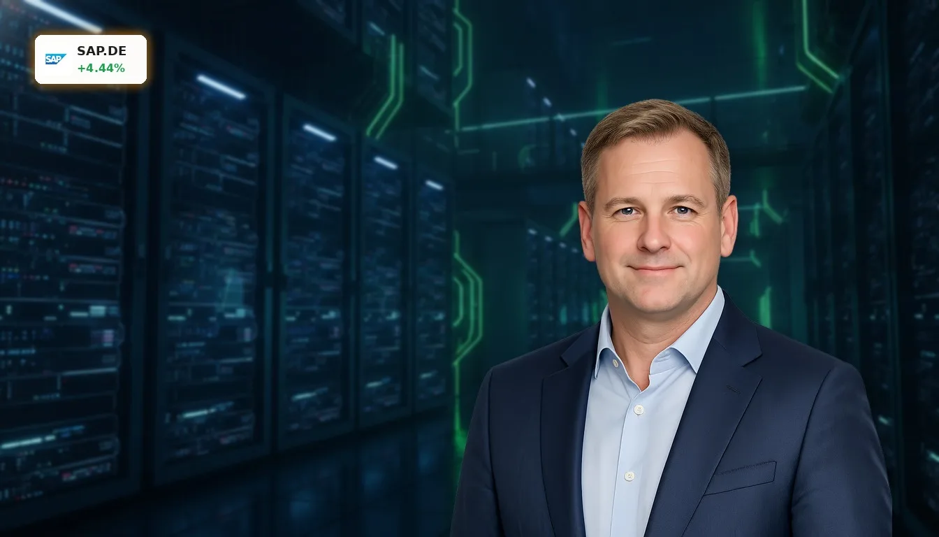 Modernes Rechenzentrum mit leuchtenden Server-Racks, symbolisiert die Technologie hinter den SAP Insider-Transaktionen und dem Cloud-Geschäft.
