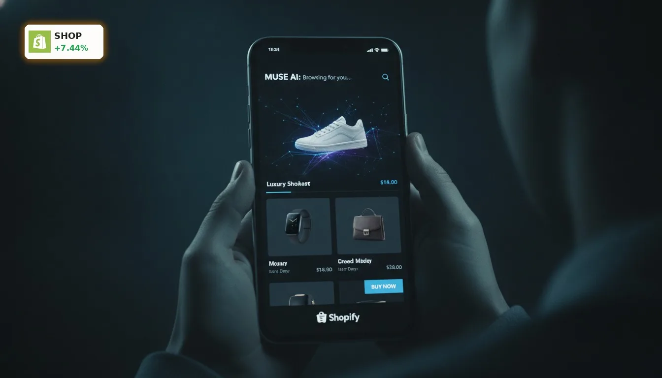 Ein Smartphone-Bildschirm zeigt die KI-Shopping-Oberfläche von Muse, die Produkte auf einem Shopify-Shop darstellt.
