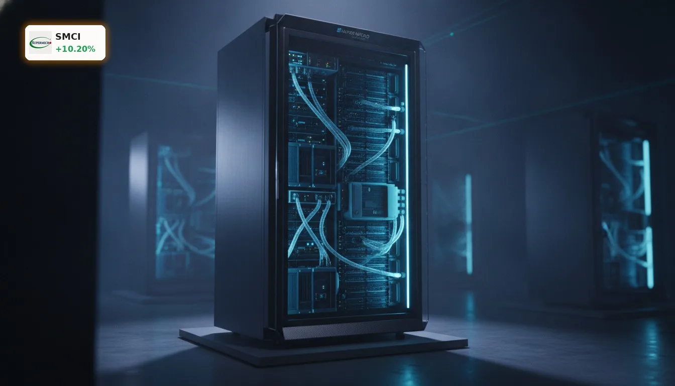 Super Micro Computer Kurs steigt um 10%: KI-Rallye mit zweischneidigem Schwert 3 Super Micro Computer Server-Rack mit flüssigem Kühlsystem in einem Rechenzentrum. Zeigt die Technologie, die den Super Micro Computer Kurs antreibt.