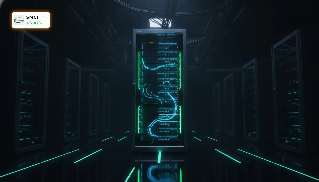 Super Micro KI-Nachfrage: 4 Billionen Markt lockt und Aktie steigt +5.4% 4 Super Micro Server-Rack in einem hochmodernen Rechenzentrum, beleuchtet von blauen und grünen LEDs, symbolisiert die Super Micro KI-Nachfrage.