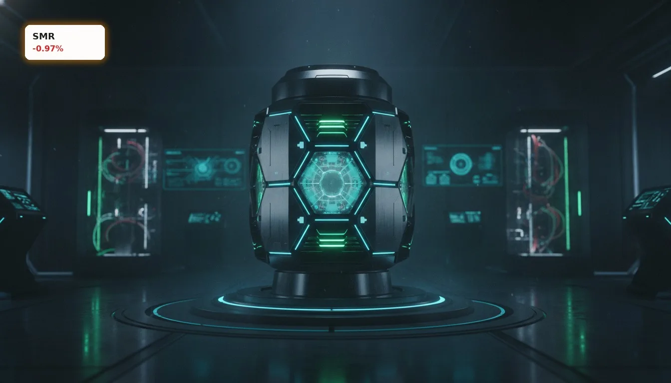 Futuristischer kleiner modularer Reaktor (SMR) von NuScale, der die NuScale Projektentwicklung symbolisiert.
