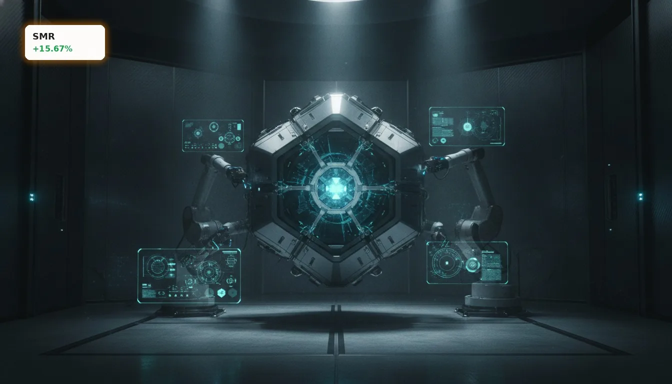 NuScale Power SMR: Aktie explodiert um 15% – KI-Boom als Treiber? 6 Futuristischer kleiner modularer Reaktor (SMR) von NuScale Power, sauber und technologisch fortgeschritten.