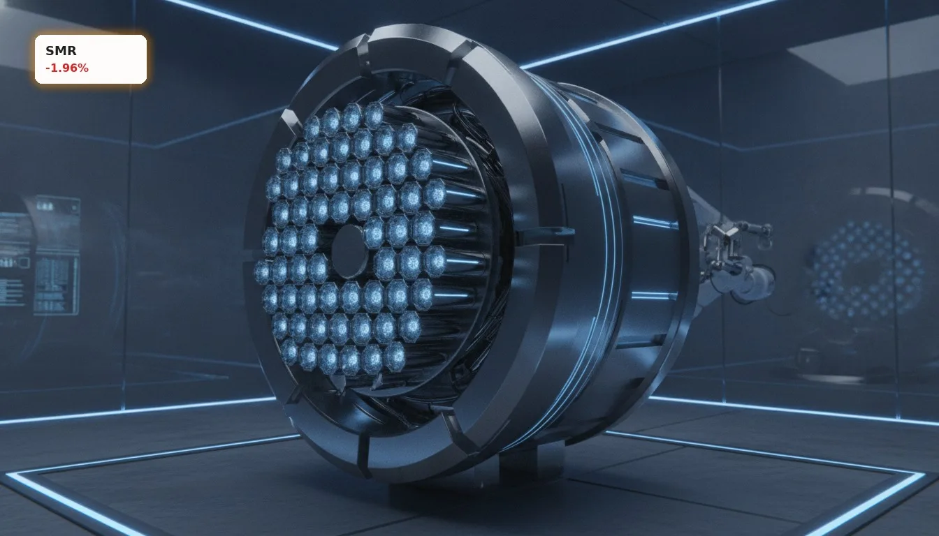 Nahaufnahme eines futuristischen Small Modular Reactor (SMR) mit sichtbarer NuScale Power Technik und Boroxid-Pellets.