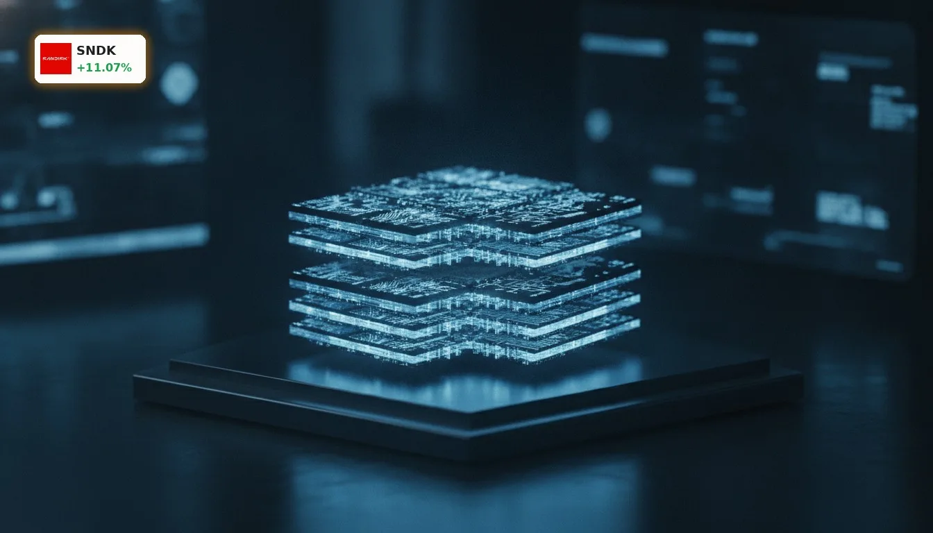 SanDisk Quartalszahlen: +11% Rallye dank KI-Boom und Speicher-Nachfrage 4 Nahaufnahme eines futuristischen, leuchtenden SanDisk NAND-Speicherchips, der die technologische Basis der SanDisk Quartalszahlen darstellt.