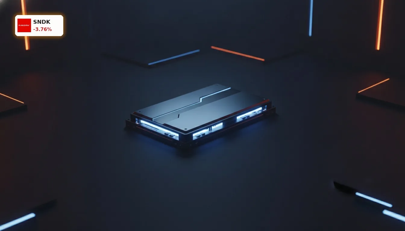 Nahaufnahme eines futuristischen SanDisk Solid-State-Laufwerks (SSD) in einem dunklen Studio für SanDisk Analyse.
