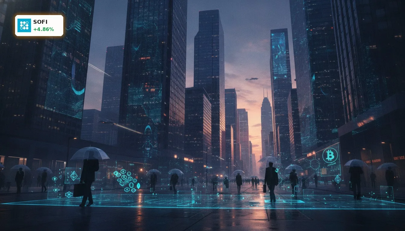 Futuristischer Finanzdistrikt bei Nacht mit holografischen Krypto-Symbolen, die den Erfolg der SoFi Partnerschaft symbolisieren.