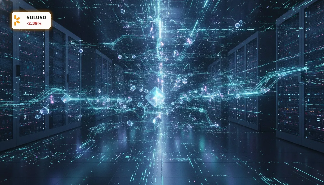 Futuristisches, leuchtendes Blockchain-Netzwerk, das die Aktivität und Technologie des Solana Netzwerks symbolisiert.