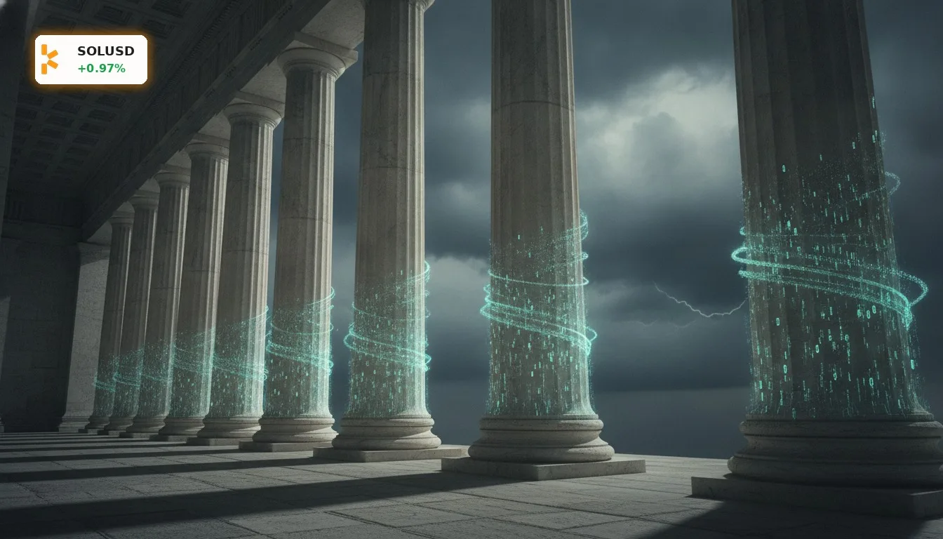 Solana CLARITY Act: Krypto-Kurse fallen nach Scheitern im Senat 5 Klassische Säulen, die digitale Linien aus Rissen emittieren, symbolisieren das Scheitern des Solana CLARITY Act.