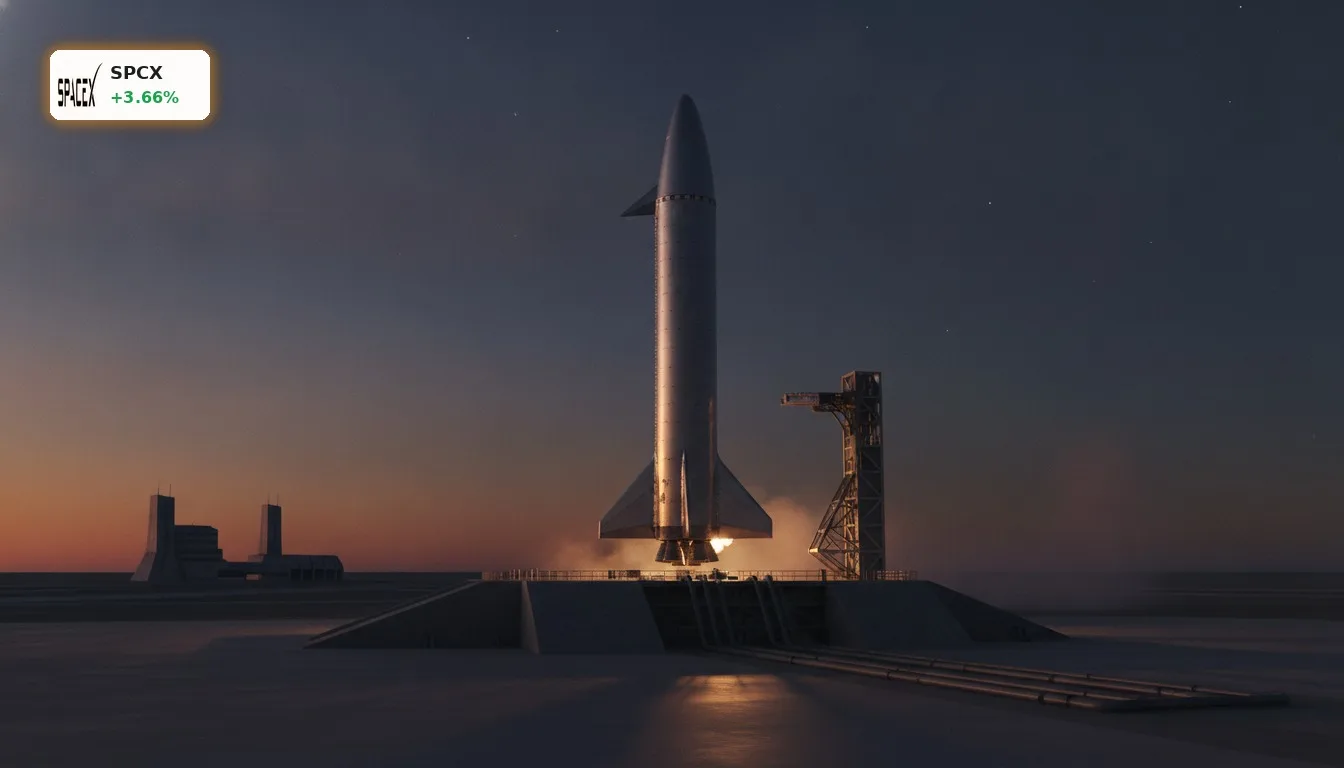 Futuristisches SpaceX Starship auf einer Startrampe bei Sonnenuntergang, bereit für den Start.